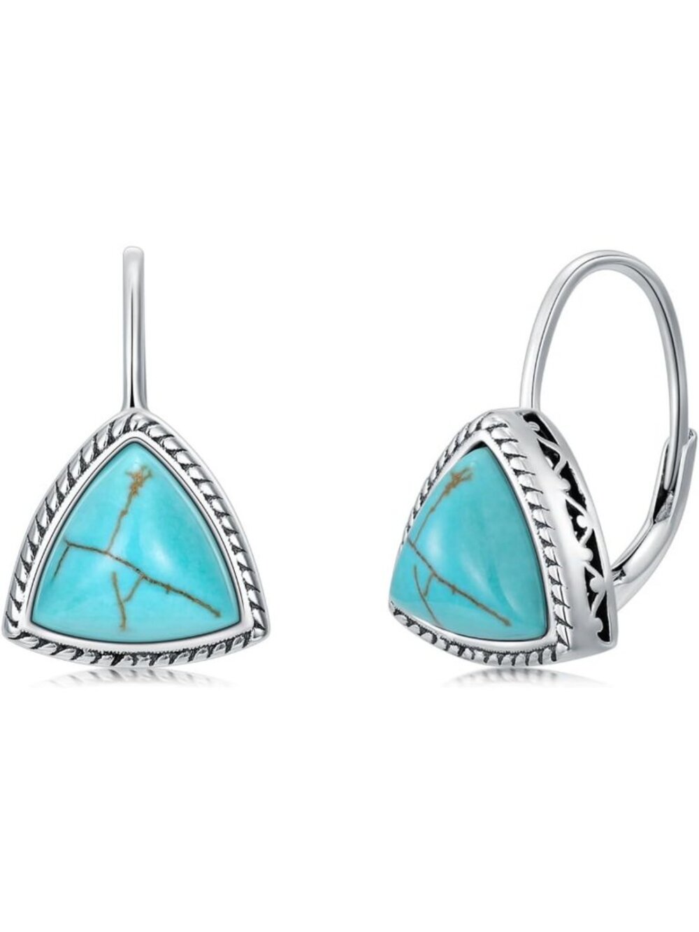Vintage 925 Sterling Silver Turquoise Leverback Earrings - Green Gemstone